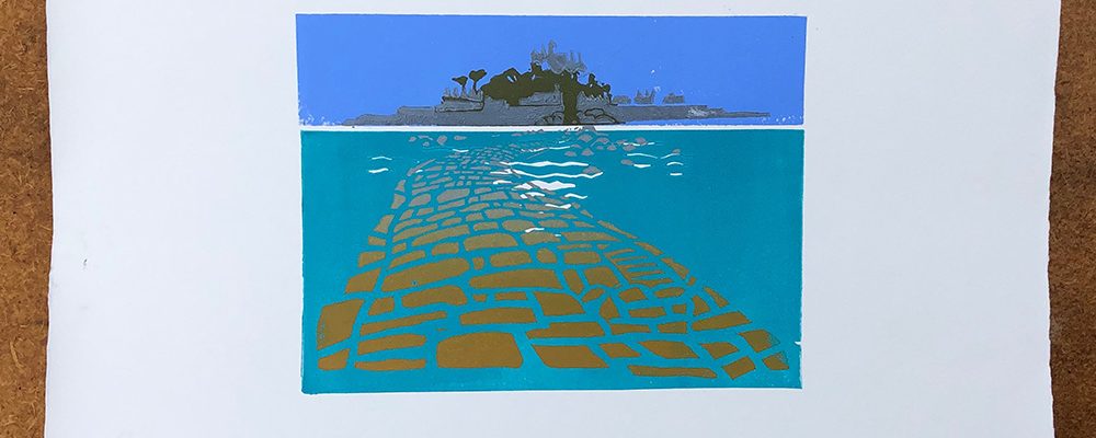 one stage of St. Michael's Mount Lino cut print by Shaun Forward