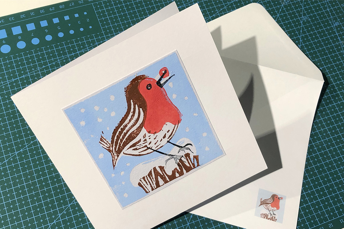 shaun forward festive robin lino print greetings cards